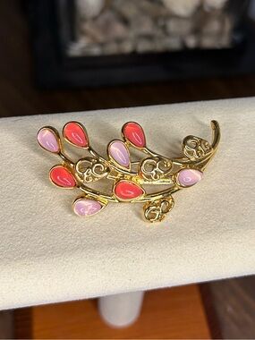 Vintage Trifari Pink Coral Moonglow Enamel Branch Brooch Gold Tone